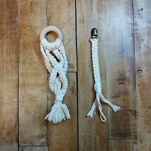 Baby teething ring pacifier clip handmade handwoven cream wooden ring new